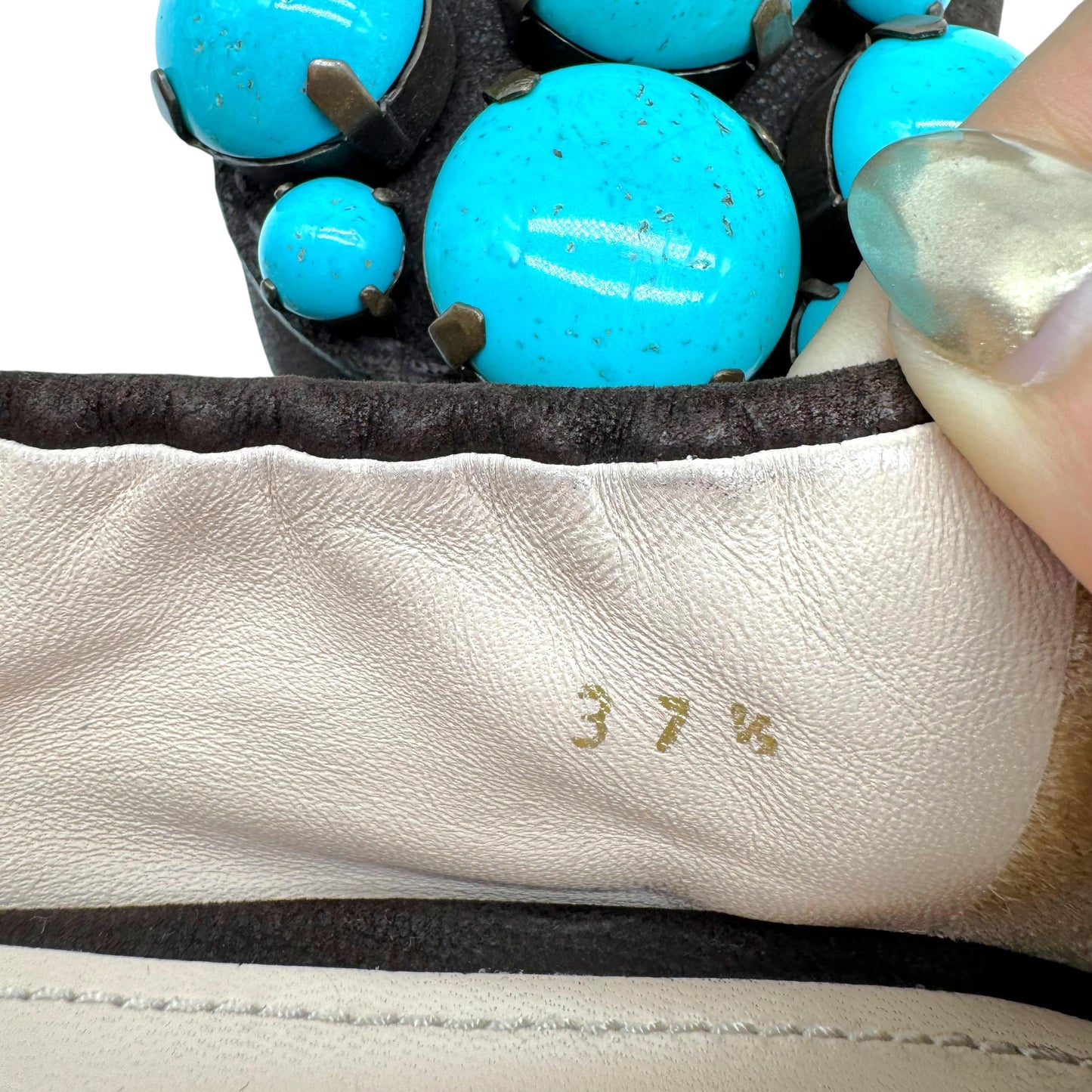 Prada Brown Leather & Turquoise Embellished Ballet Flats