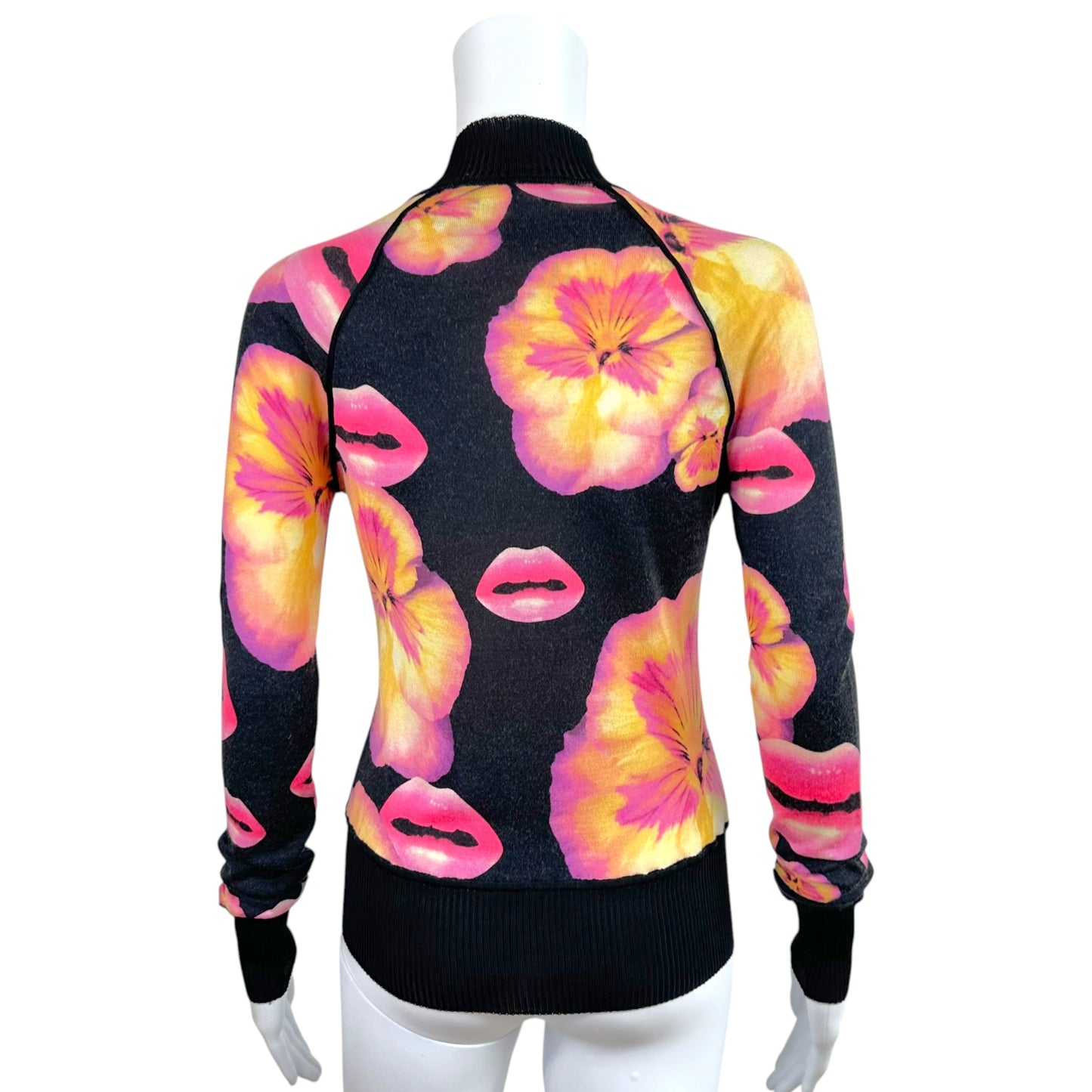 Christian Dior Silk Zip-Up Top Black Floral Lips Print