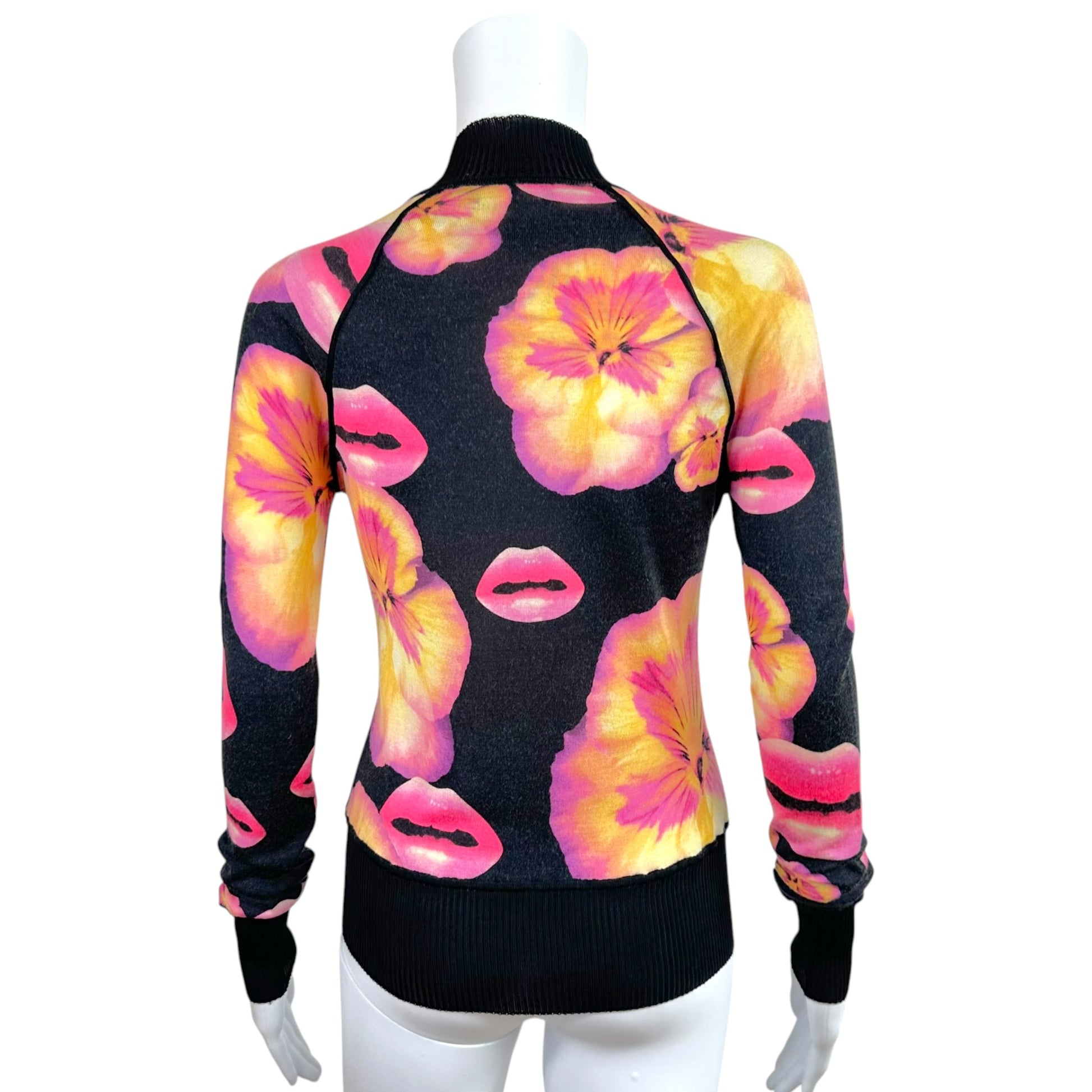 Christian Dior Silk Zip-Up Top Black Floral Lips Print