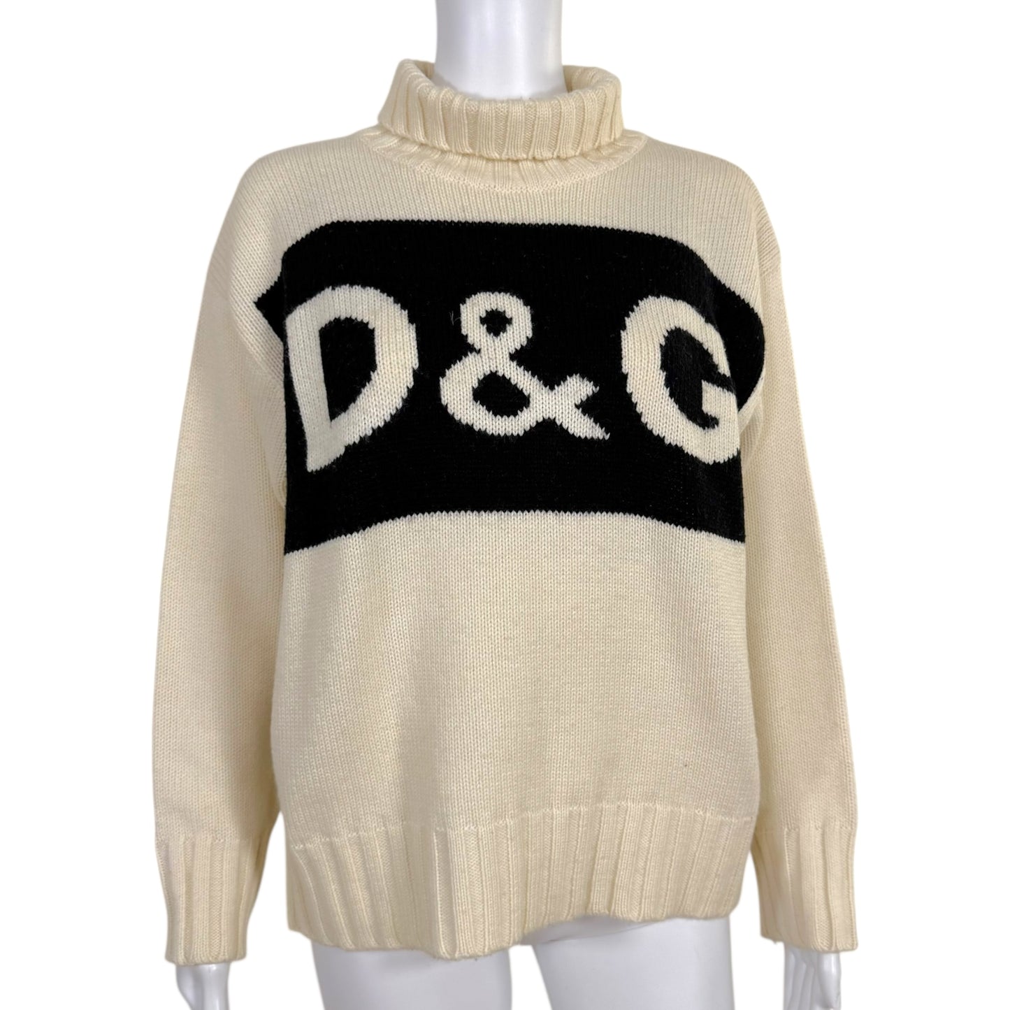 D&G Dolce & Gabbana 90's Black & White Wool Knit Logo Turtleneck Sweater - Outfit Repeater