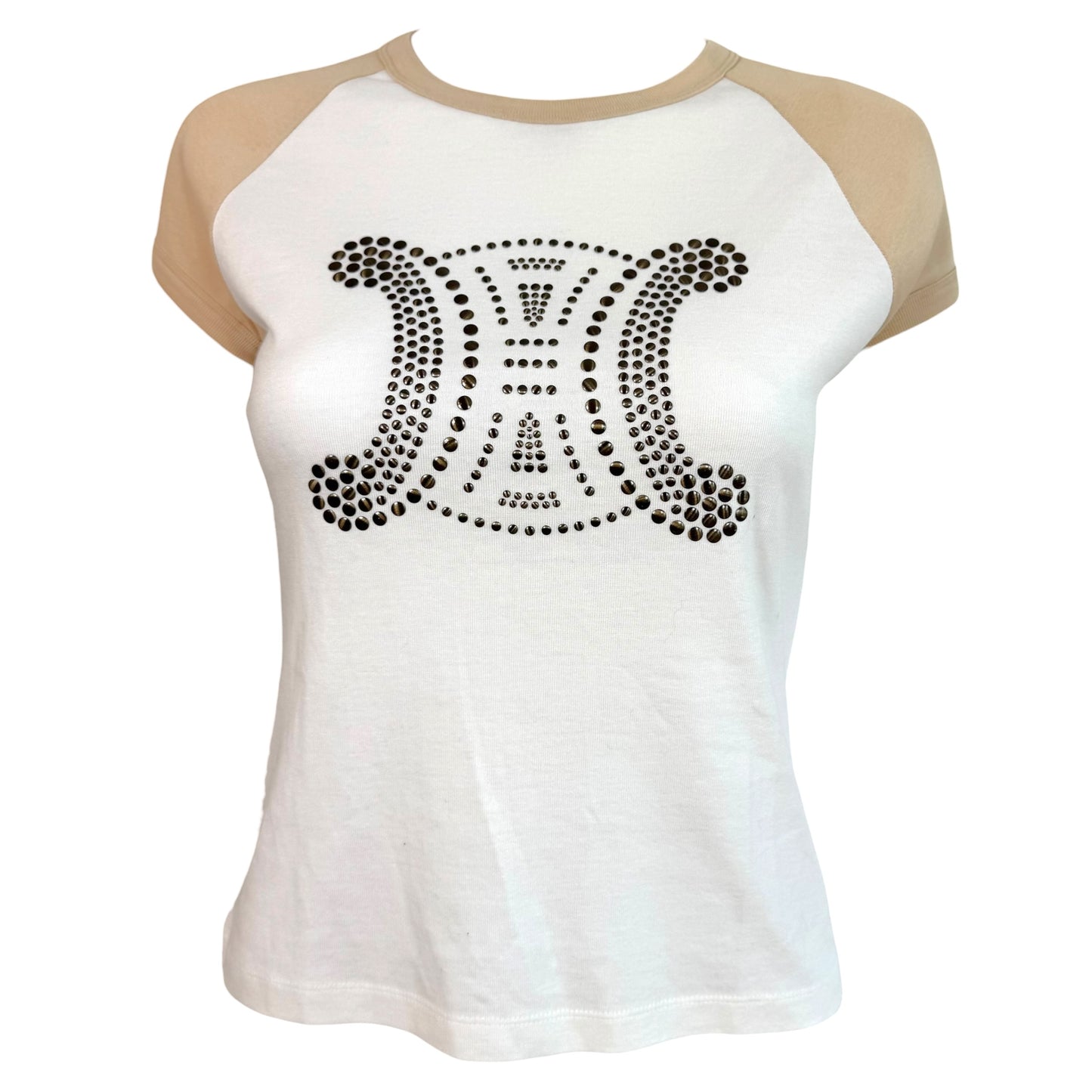 Celine Beige White Studded Triomphe Logo T-Shirt