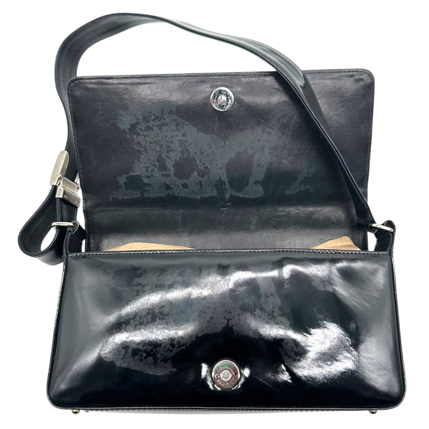 Chanel Black Patent Leather Chocolate Bar Pochette Bag