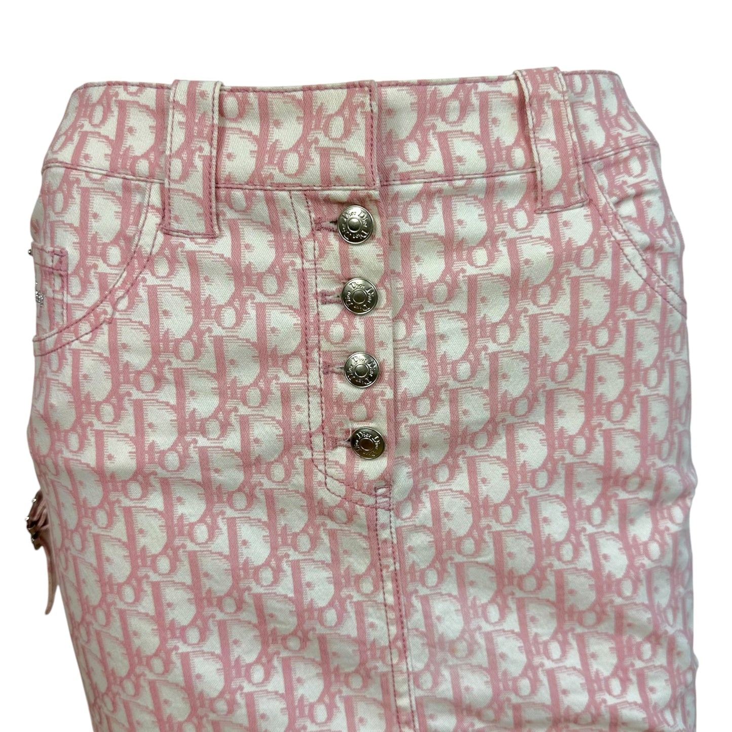 Christian Dior S/S 2004 Pink & White Trotter Monogram Denim Midi Skirt