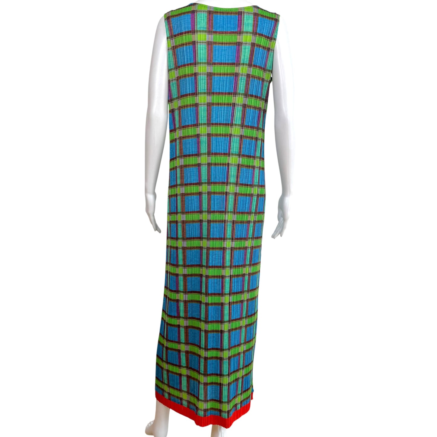 Issey Miyake Pleats Please Blue Green & Red Plaid Print Pleated Maxi Dress Sz 5