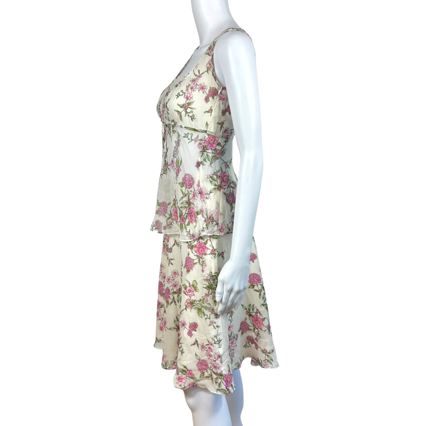 Escada Pink & White Floral Silk Blouse & Midi Skirt Set
