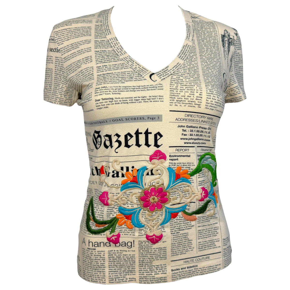 John Galliano S/S 2006 Gazette Newsprint & Multicolor Floral Embroidered T-Shirt
