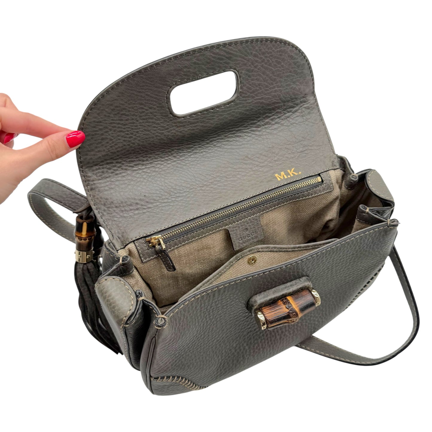 Gucci Gray Leather Bamboo Top Handle 2-Way Bag