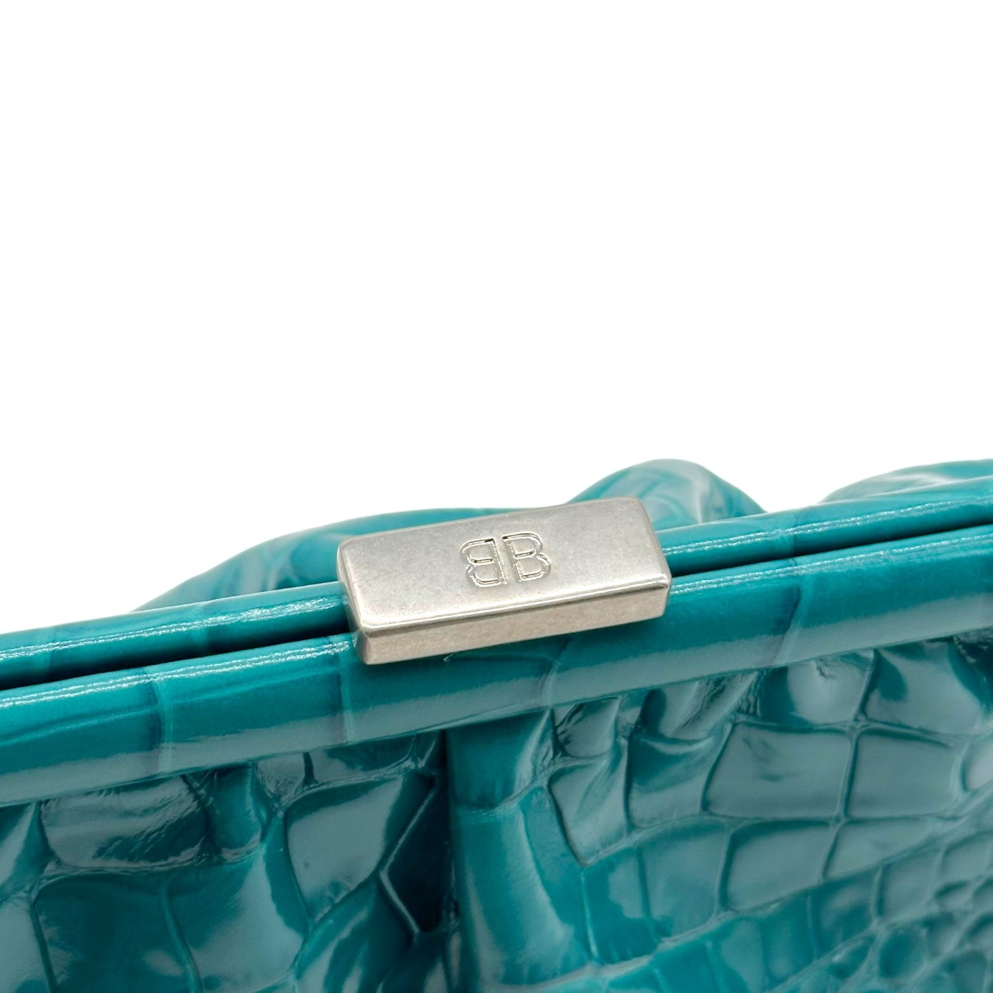 Balenciaga Turquoise Blue Croc Embossed Kisslock Shoulder Bag