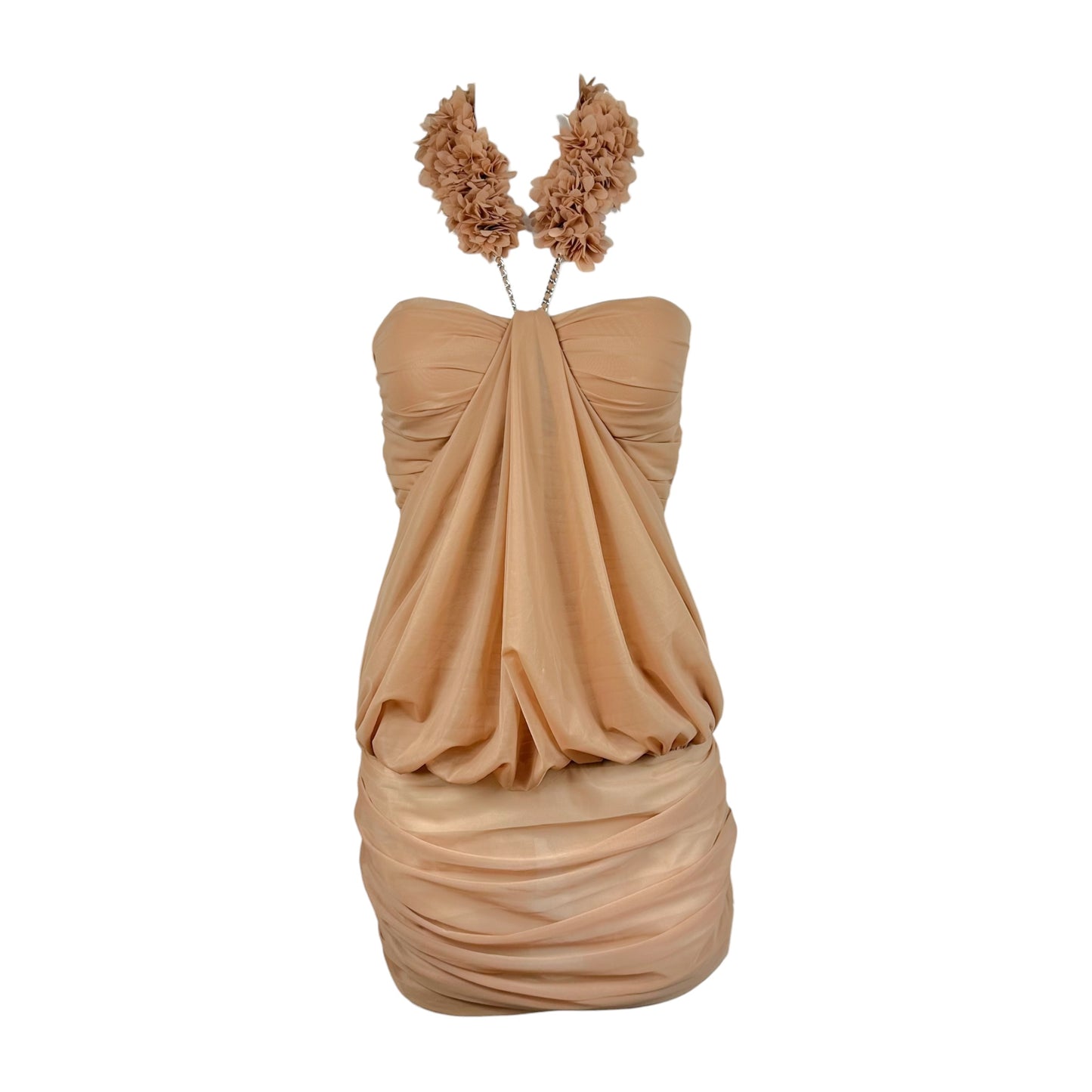 Fanci Club Beige Peachline Draped Floral Halterneck Mini Dress