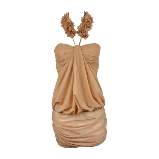 Fanci Club Beige Floral Halterneck Mini Dress