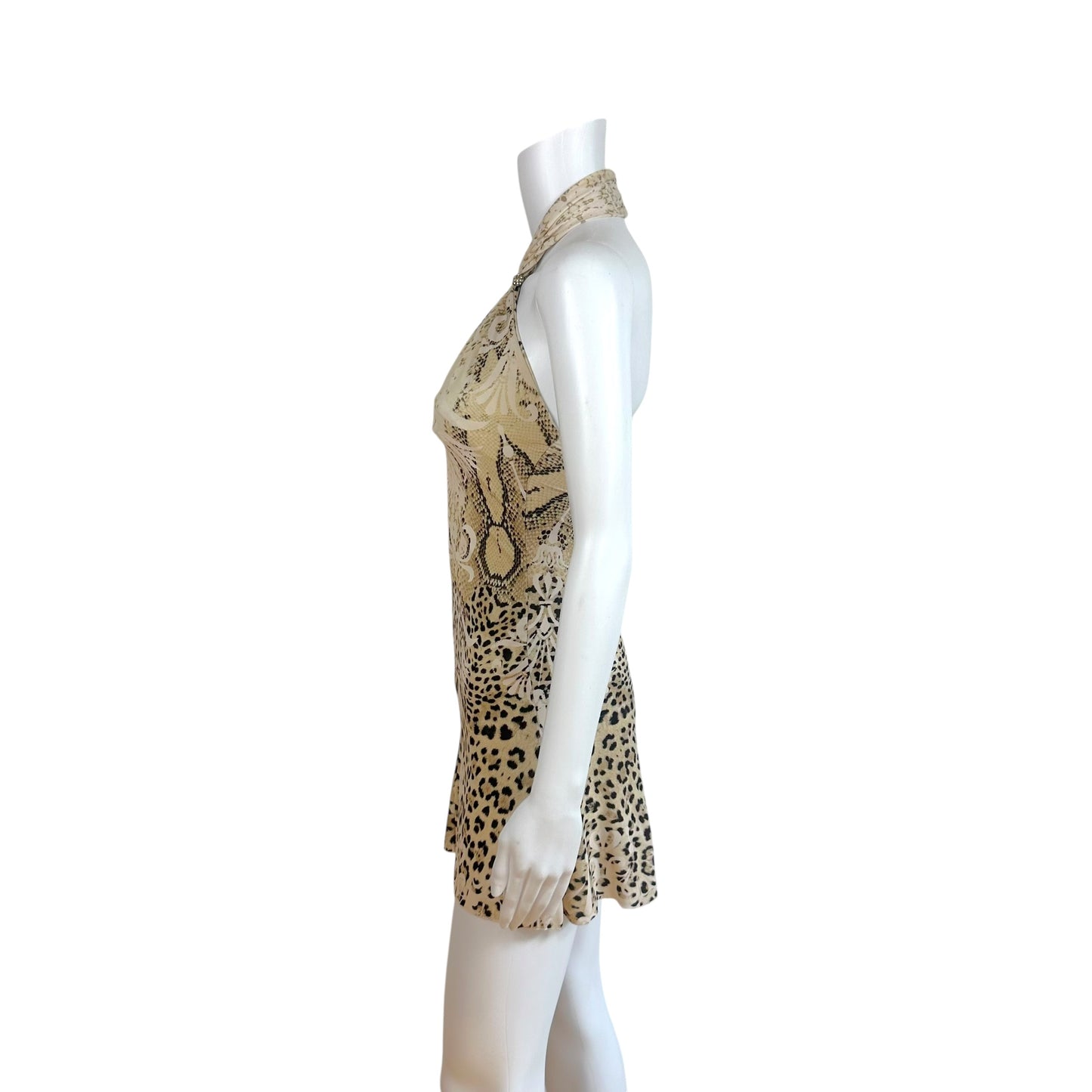 Roberto Cavalli 2006 Ivory & Tan Leopard Print Convertible Halter Mini Dress