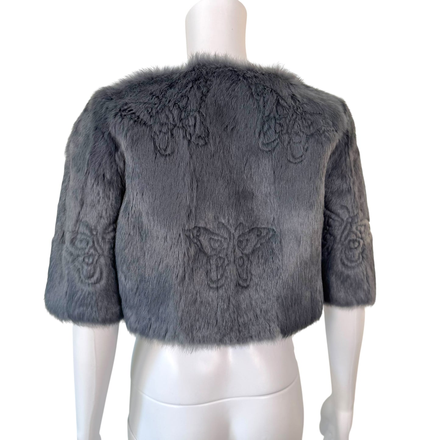 Galliano Gray Butterfly Print Rabbit Fur Cropped Jacket - Outfit Repeater