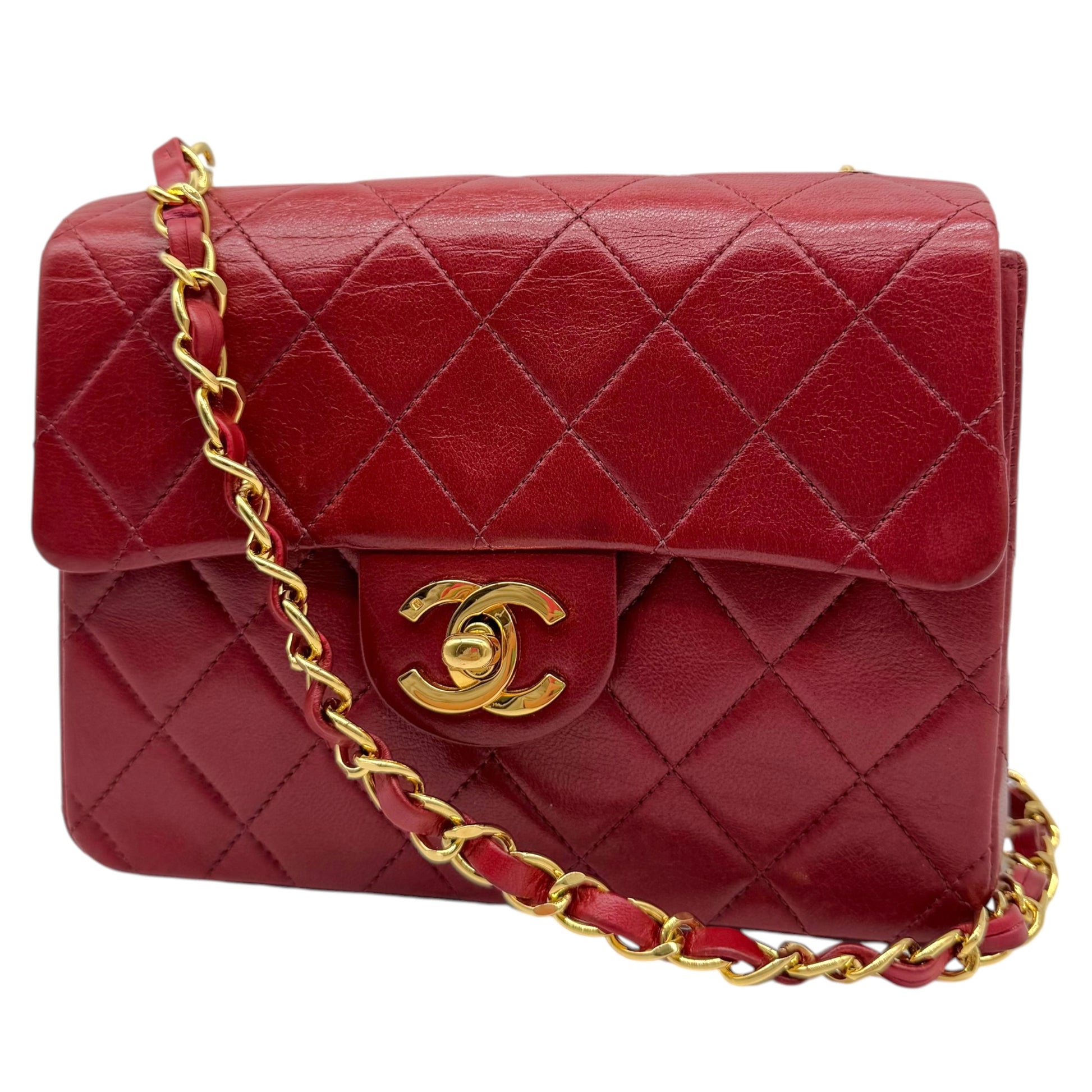 Chanel Small Square Classic Flap Bag Burgundy Gold Leather