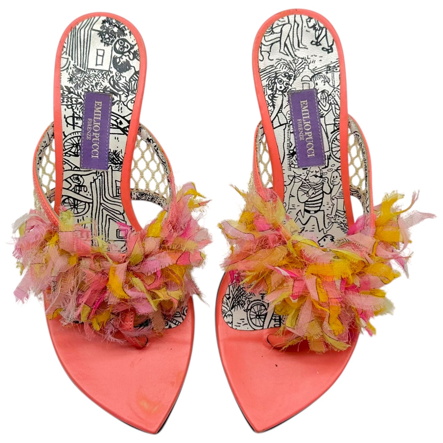 Emilio Pucci Light Pink & Yellow Silk Fringe Trim Heeled Flip Flops