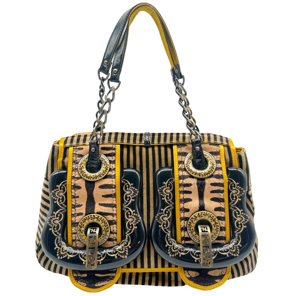 Fendi B Bag Tan Black Striped Velvet Zebra Ponyhair