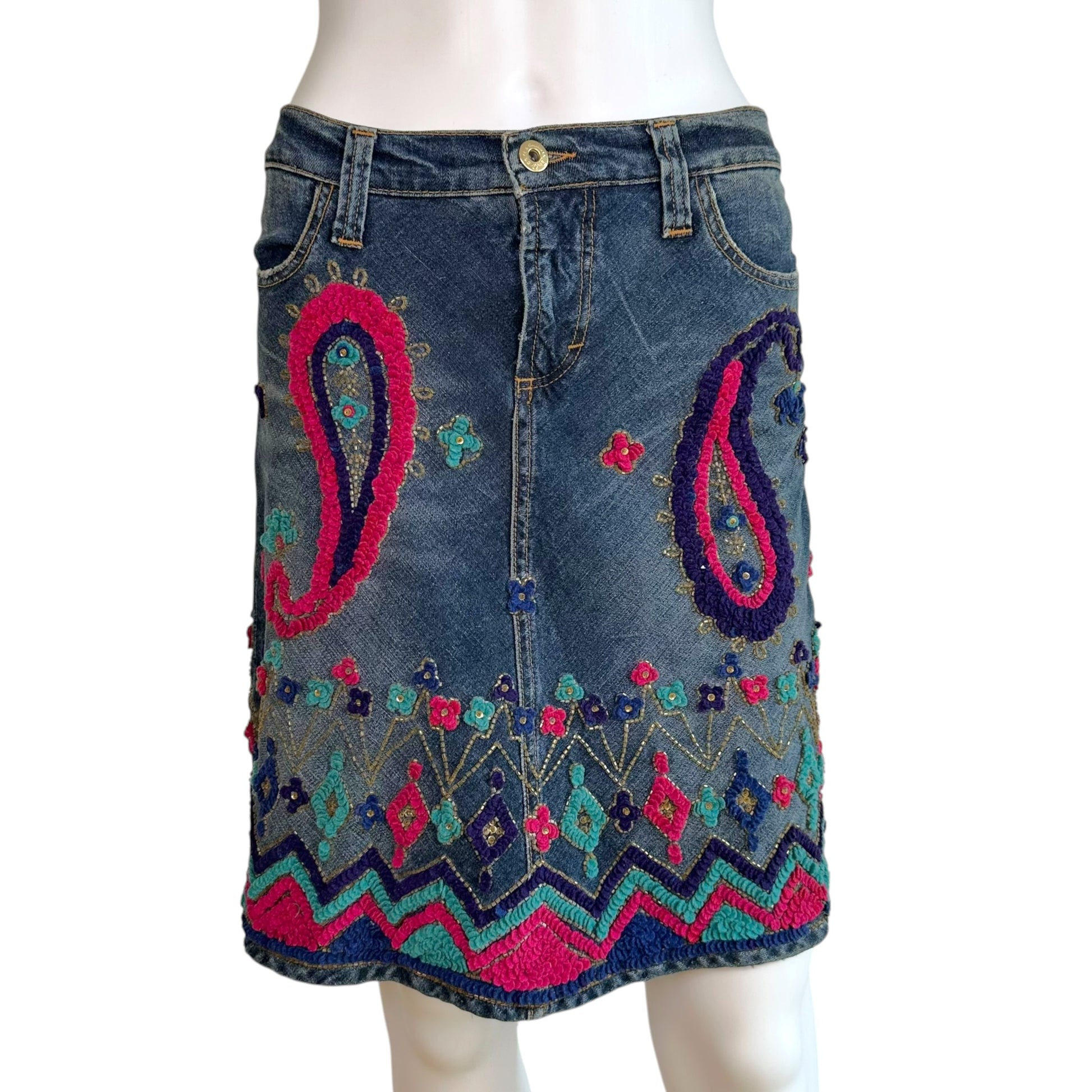 Dolce & Gabbana Denim Midi Skirt Blue Paisley Embroidery