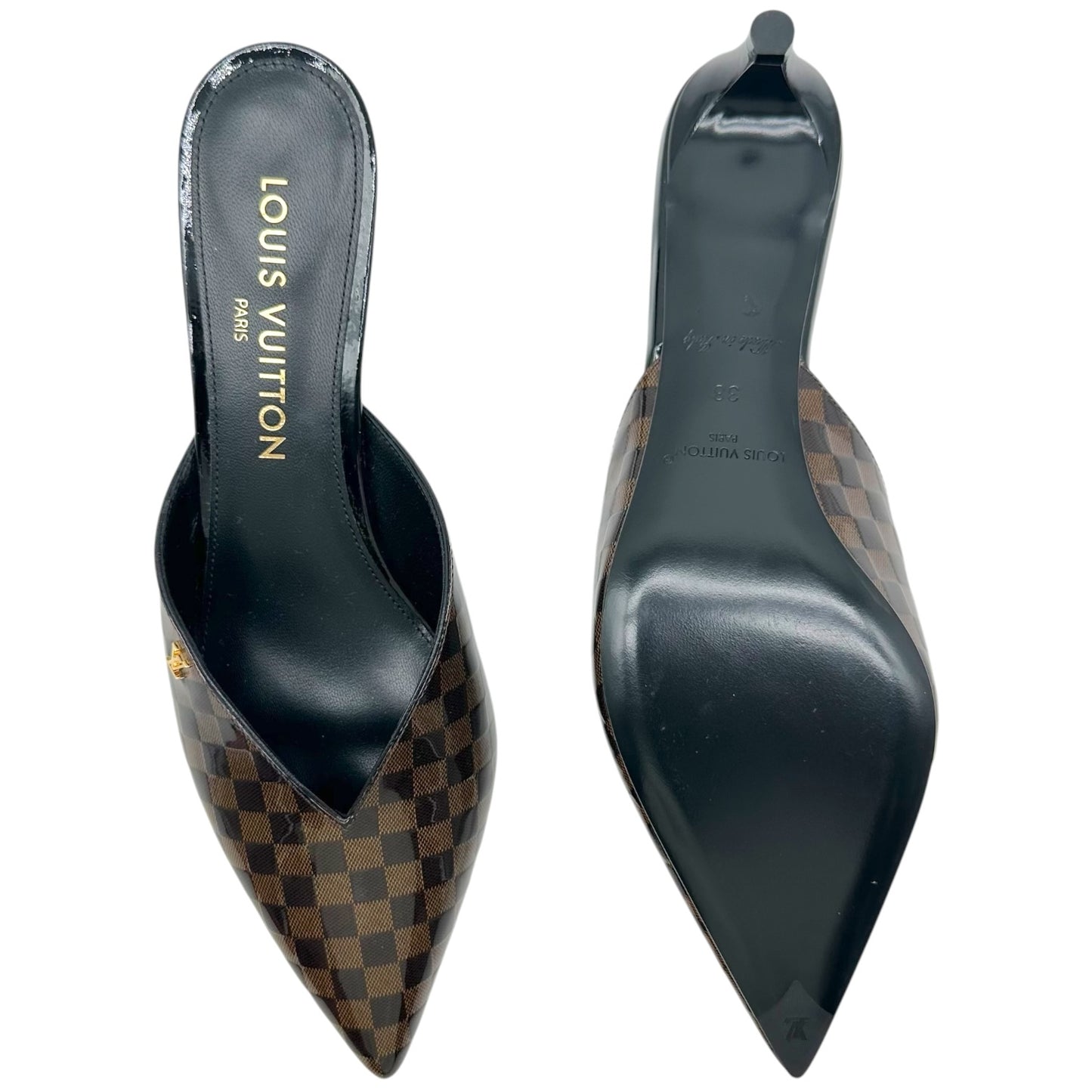Louis Vuitton Damier Ebene Patent Pointed Toe Kitten Heel Mules