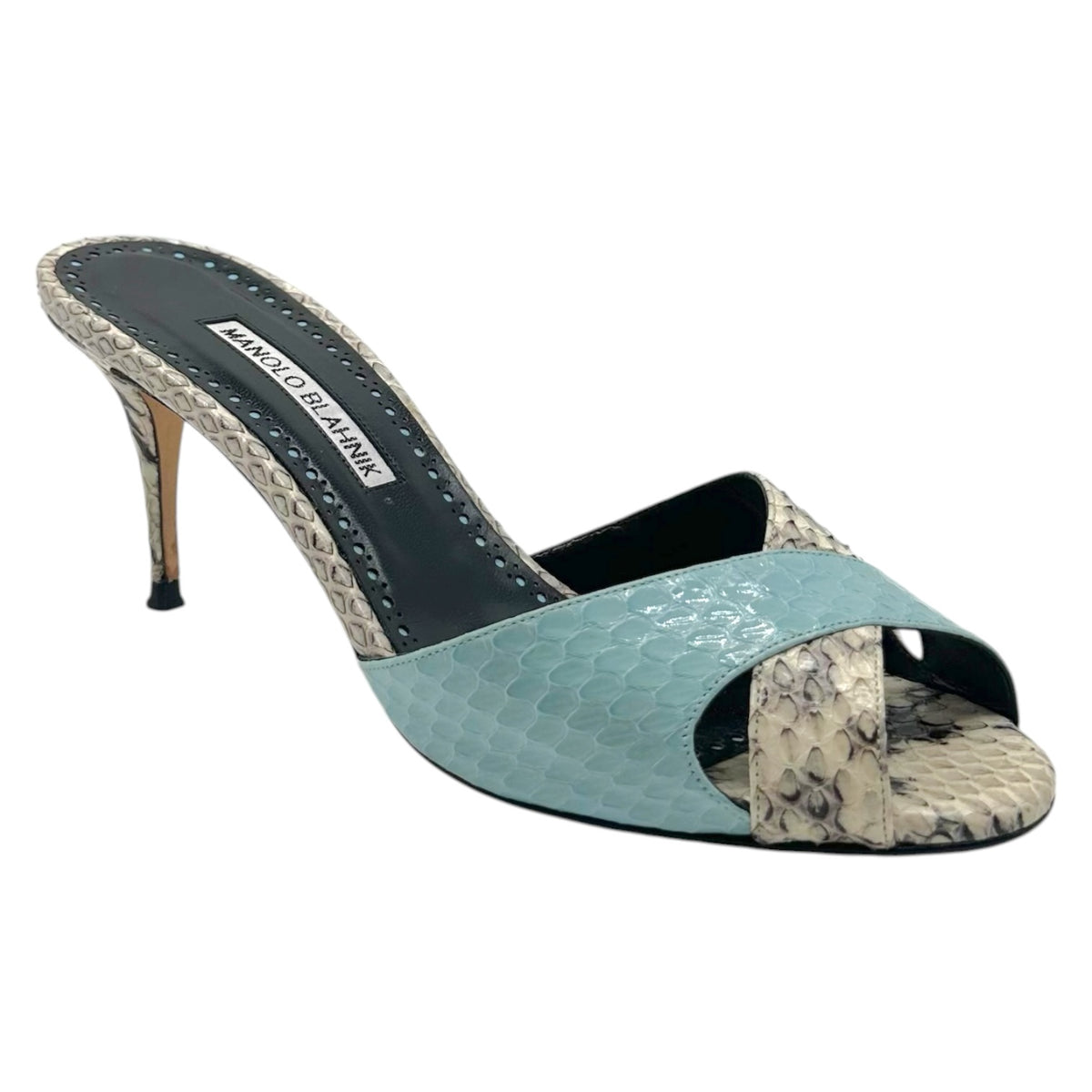 Manolo Blahnik Ivory & Light Blue Python Mule Sandal Heels