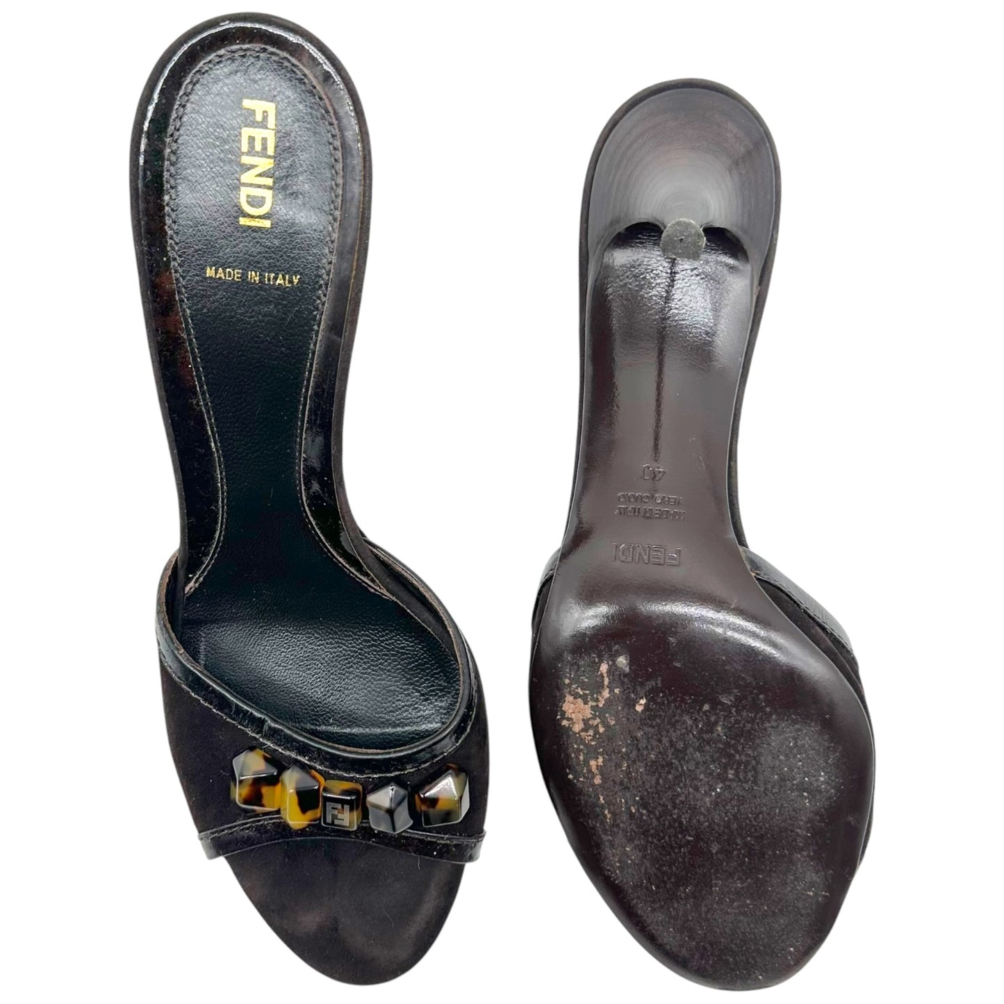 Fendi Brown Suede Tortoise Bead Embellished Kitten Heel Mules