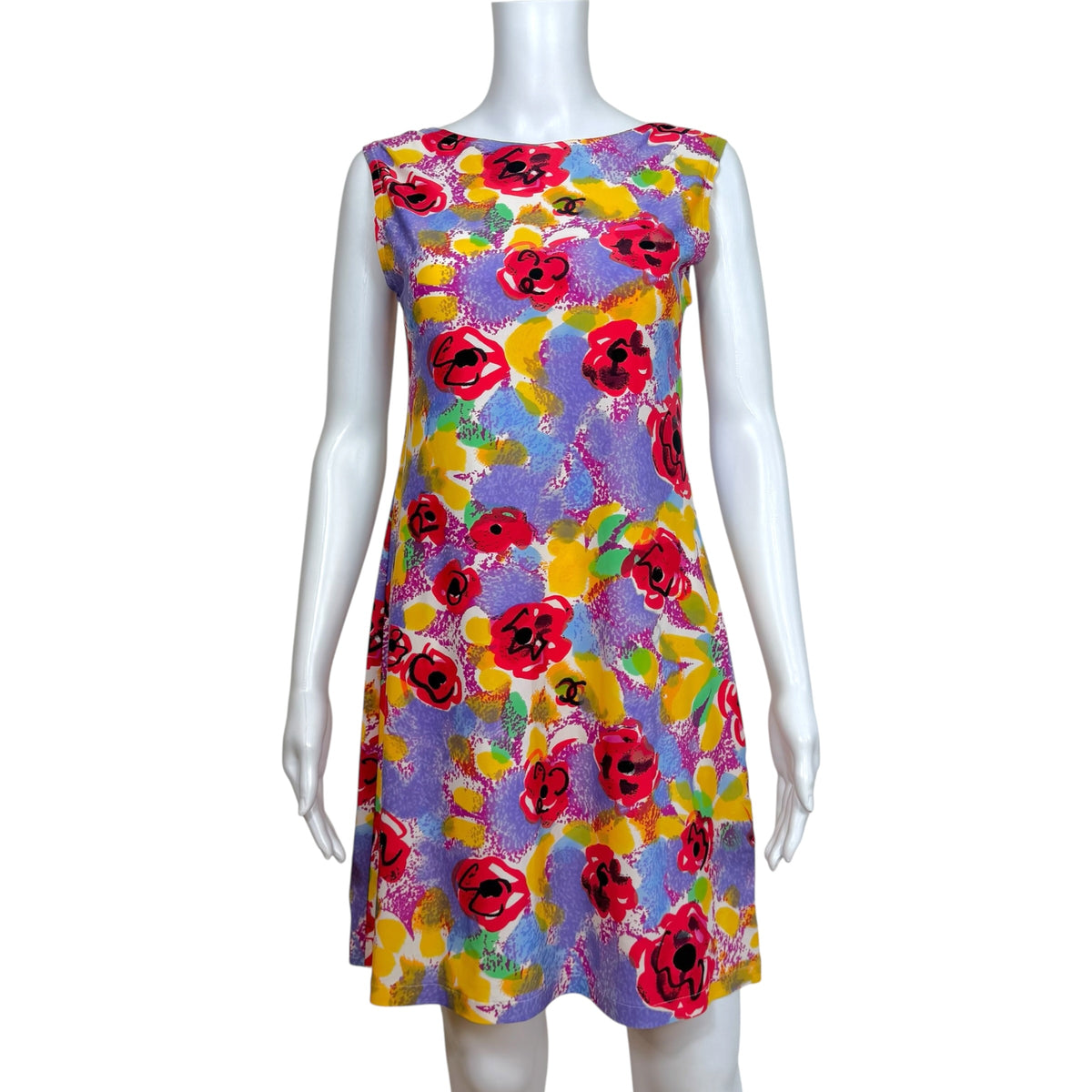 Chanel A-Line Mini Dress Multicolor Camellia Print 1990s