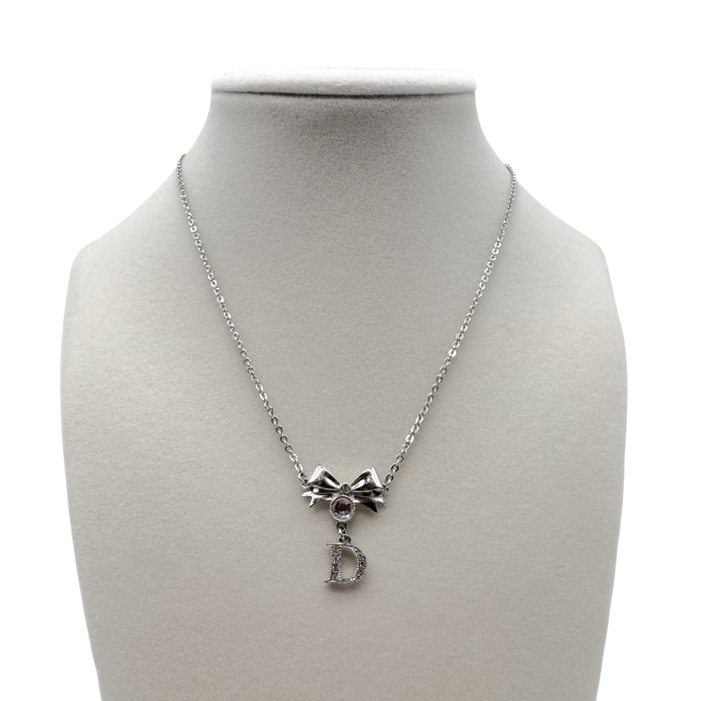 Christian Dior Silver Crystal Bow Charm Necklace