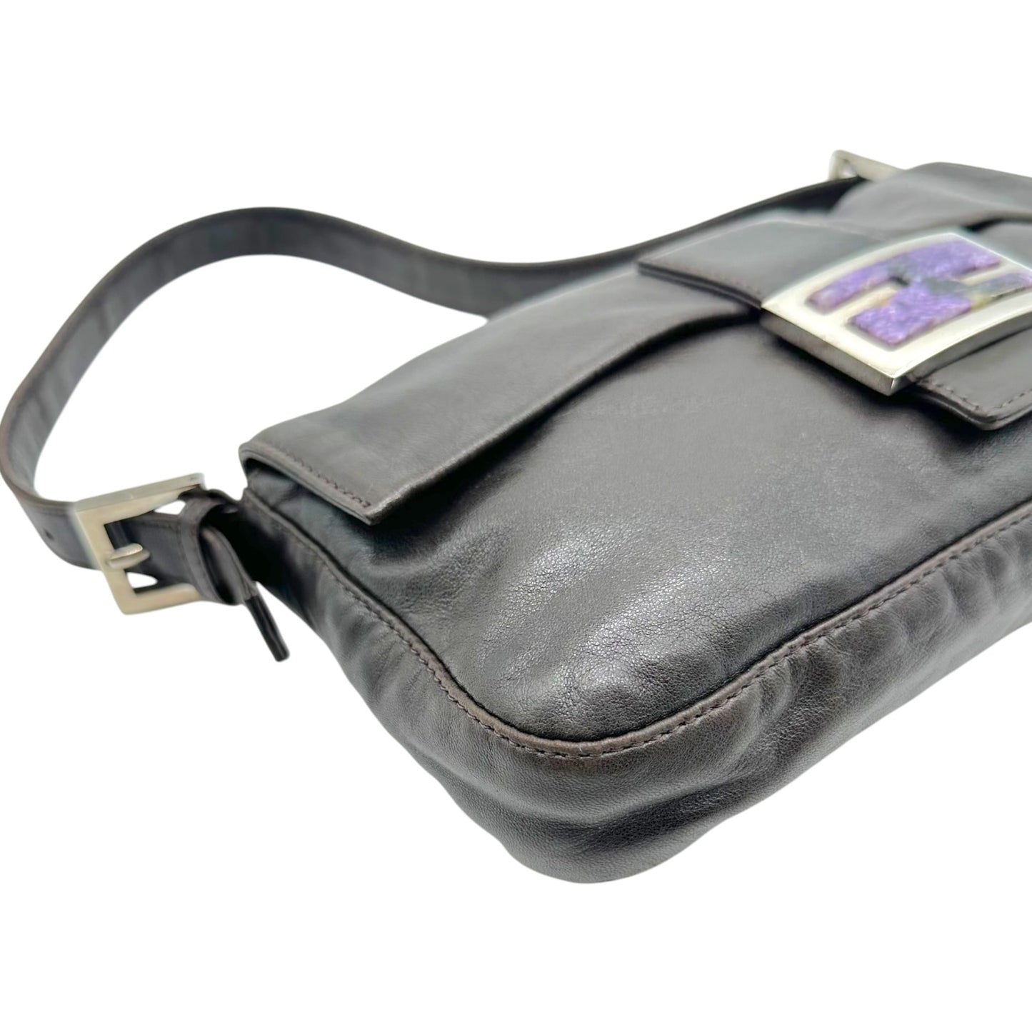 Fendi Black Lambskin Baguette Bag With Purple Stone