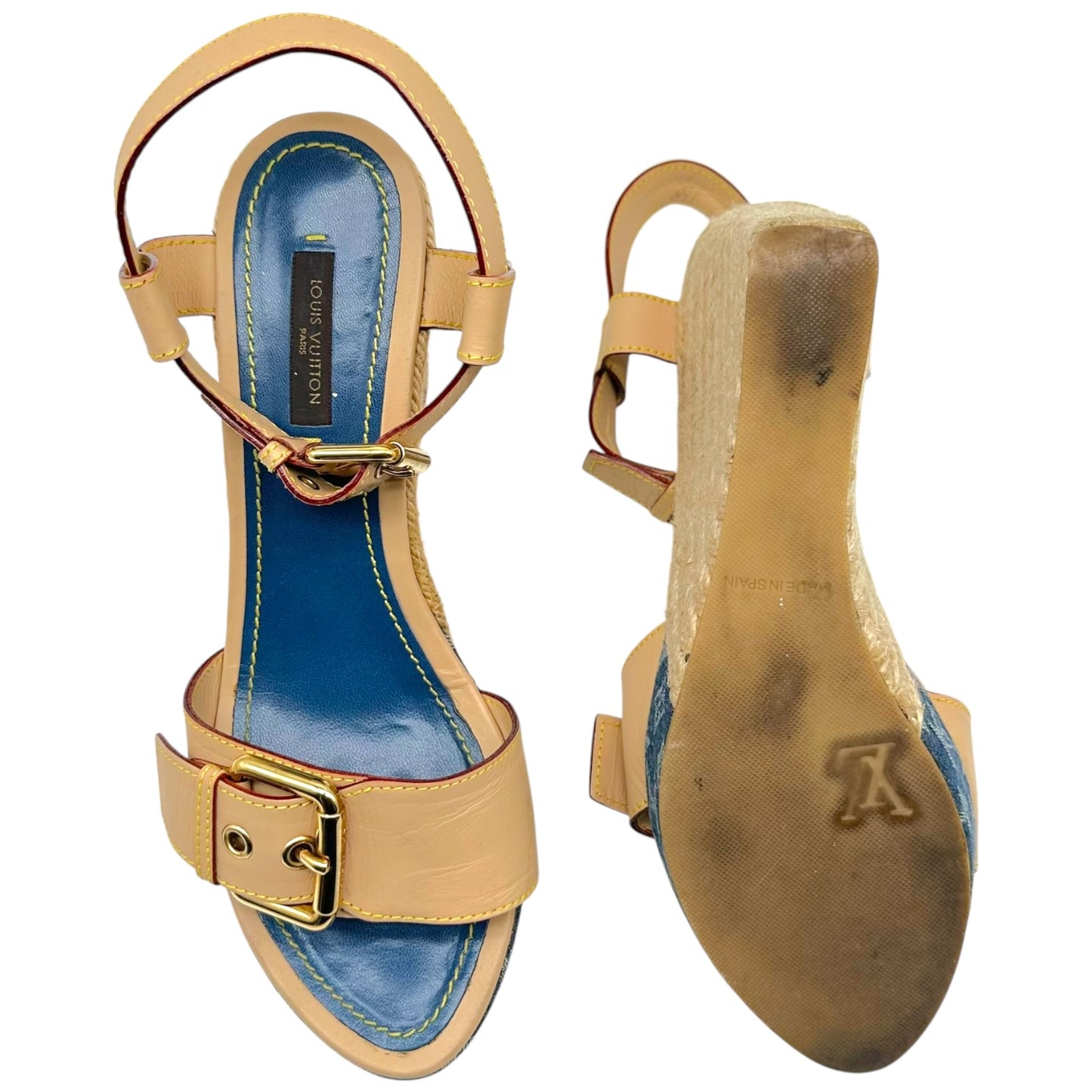 Louis Vuitton Denim Monogram & Raffia Heeled Wedge Sandals