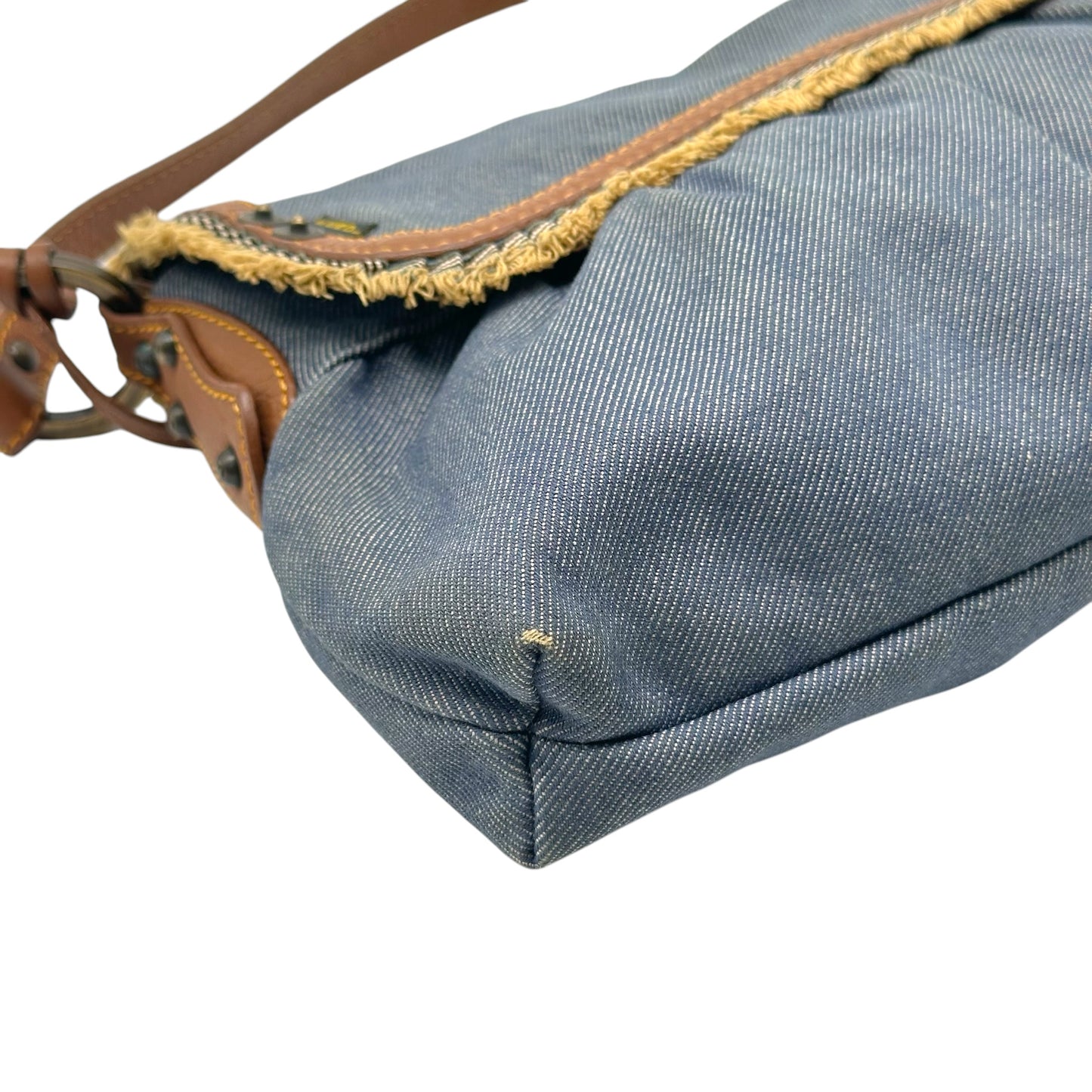 Fendi Chef Shoulder Bag Blue Denim Brown Leather