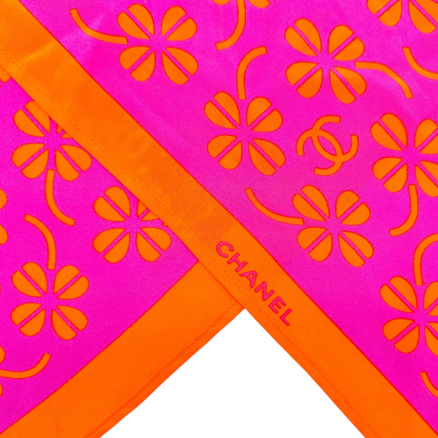 Chanel Hot Pink & Orange Clover Print Silk Scarf