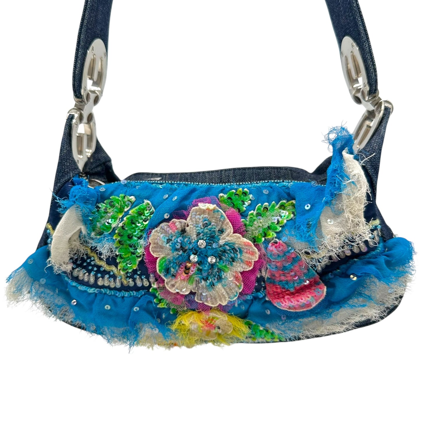 Escada Multicolor Floral Sequin Beaded Denim Mini Bag