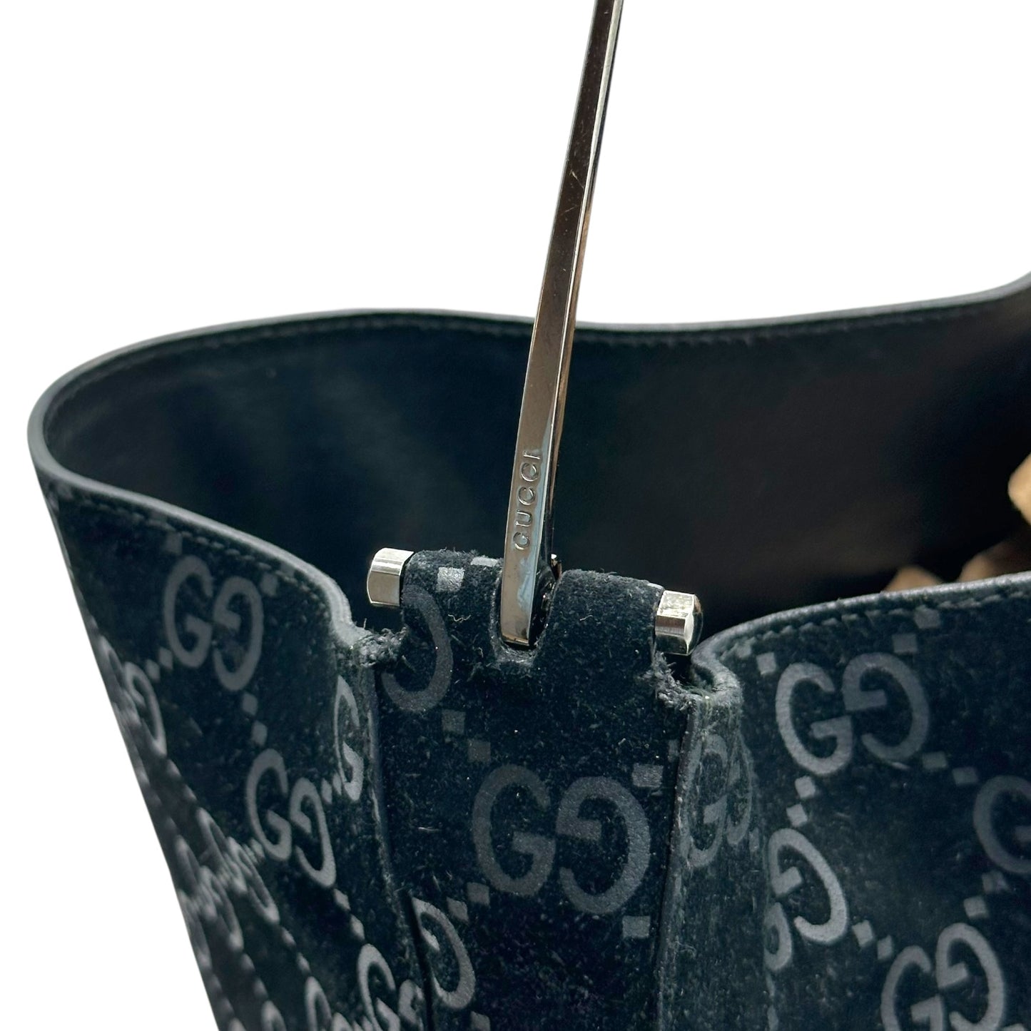 Gucci Black Suede Monogram Metal Horsebit Strap Hobo Bag *AS IS*