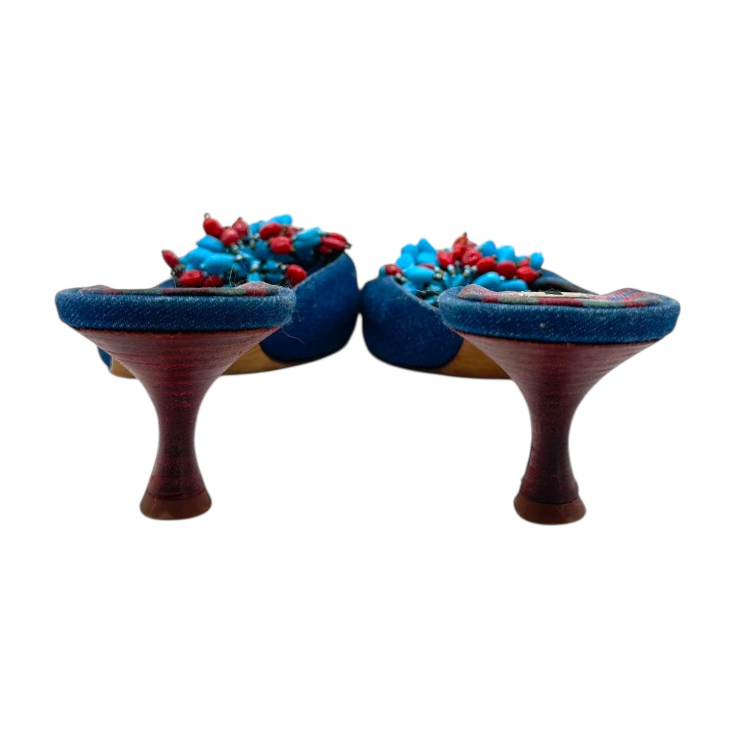 Manolo Blahnik Denim Bead Embellished Kitten Heels