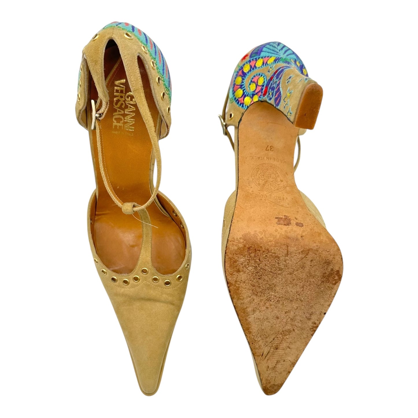 Versace Suede Embroidered Heel Pumps