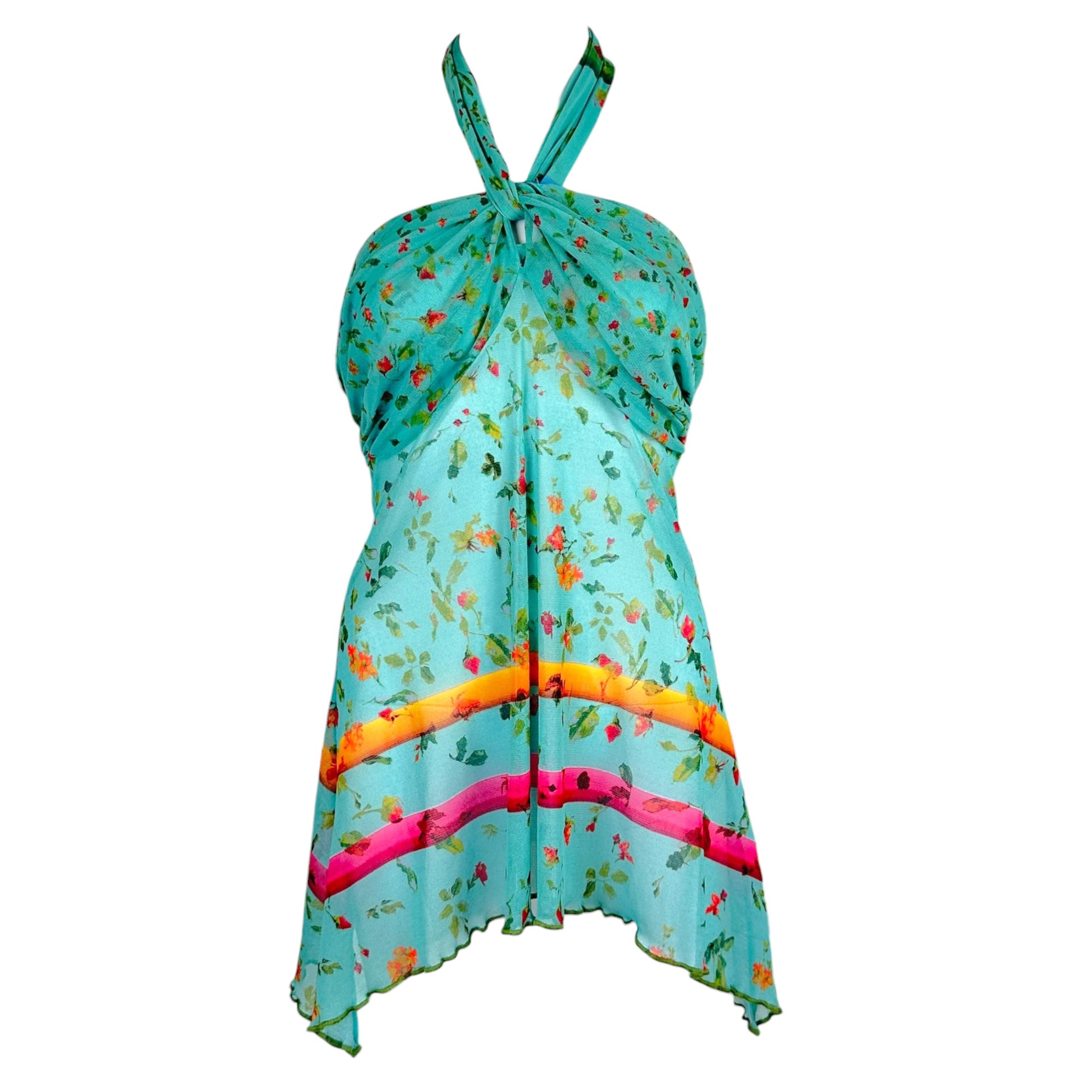 Jean Paul Gaultier Halter Tank Turquoise Blue Floral Print