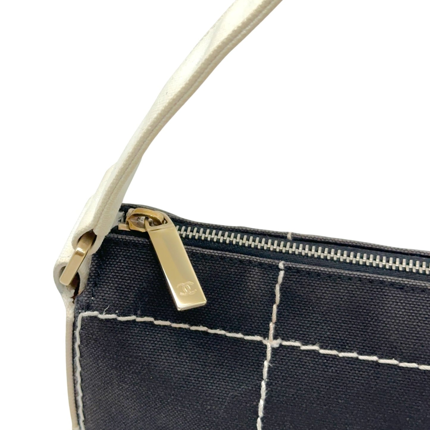 Chanel Canvas Shoulder Bag Gray White Chocolate Bar CC Logo