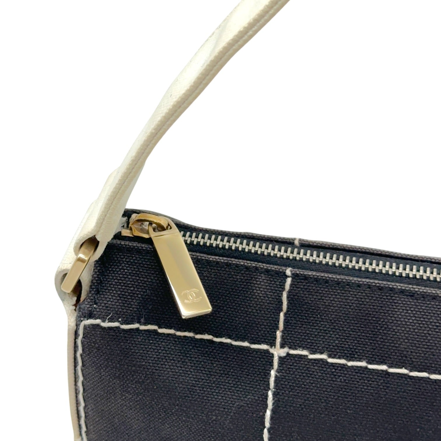 Chanel Canvas Shoulder Bag Gray White Chocolate Bar CC Logo