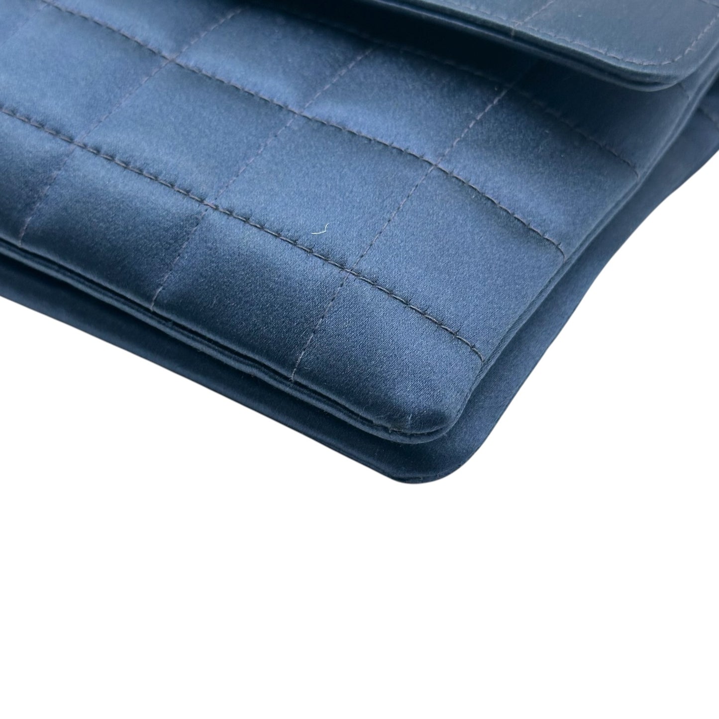 Chanel Blue Satin Quilted Wooden Handle Clutch Handbag