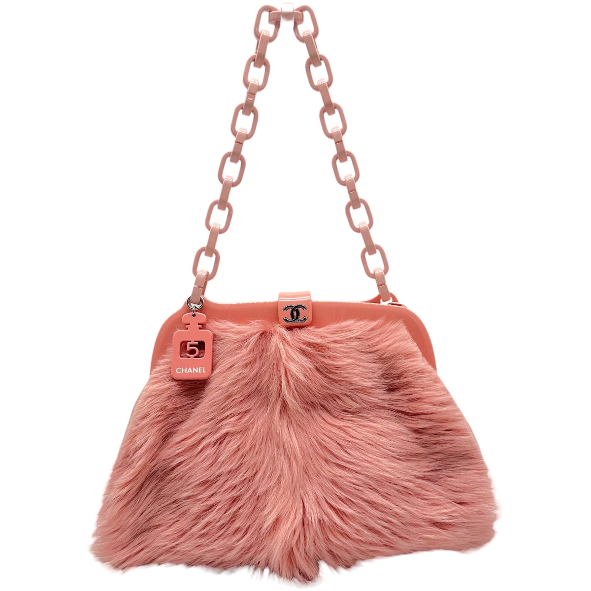 Chanel No.5 Pink Fur & Resin Chain Strap Frame Shoulder Bag 2005-06
