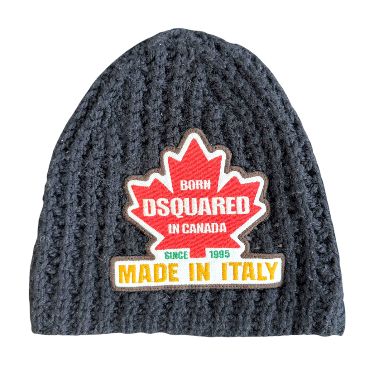 Dsquared2 Black Knit Maple Leaf Logo Patch Beanie Hat