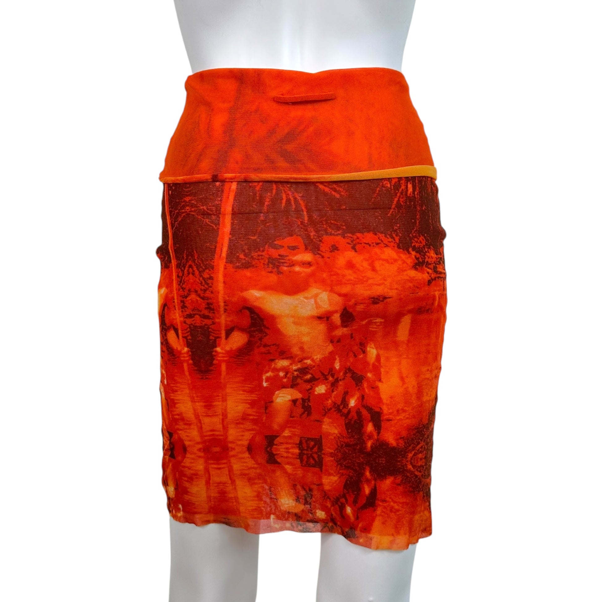 Jean Paul Gaultier Orange Hawaiian Print Mesh Midi Skirt