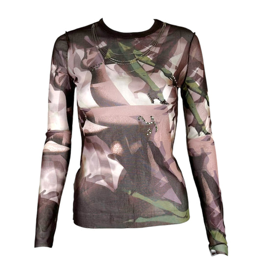 Jean Paul Gaultier Shoe Print Rhinestone & Chain Mesh Longsleeve Top