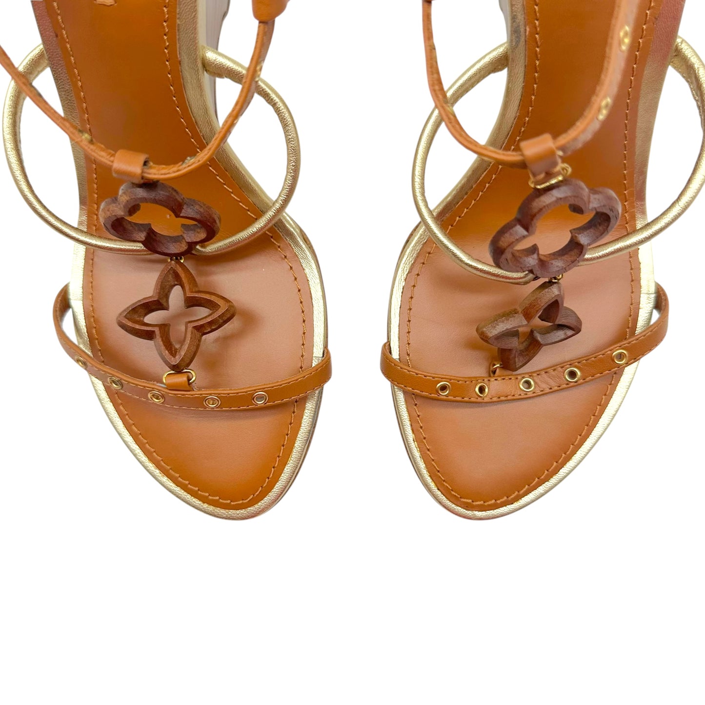 Louis Vuitton Brown & Gold Logo Motif Wooden Wedge Heel Sandals
