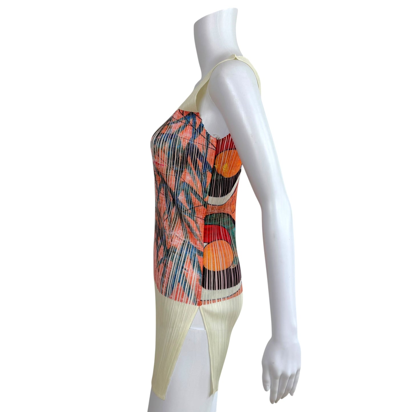 Issey Miyake Pleats Please Ivory Bamboo & Art Print Pleated Tunic Top Sz 3 NEW