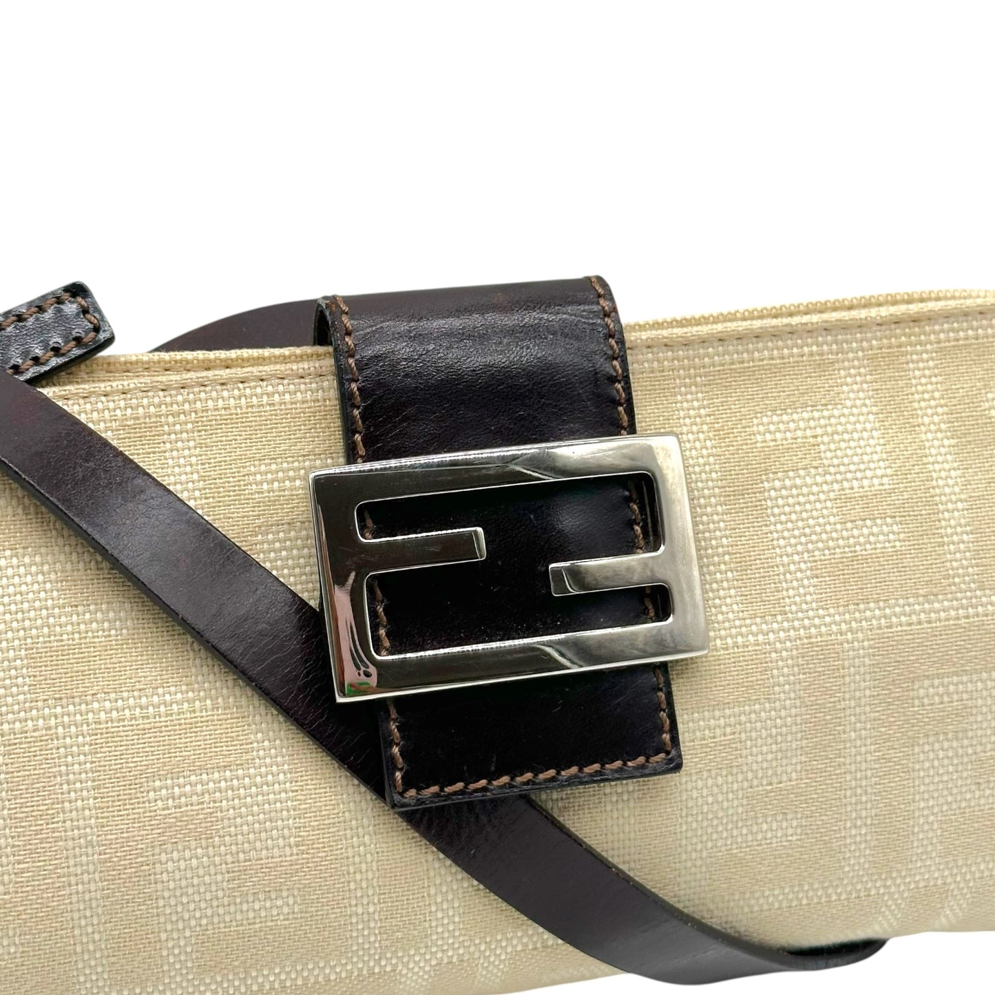 Fendi Ivory Zucca Monogram & Brown Leather Crossbody Baguette Bag