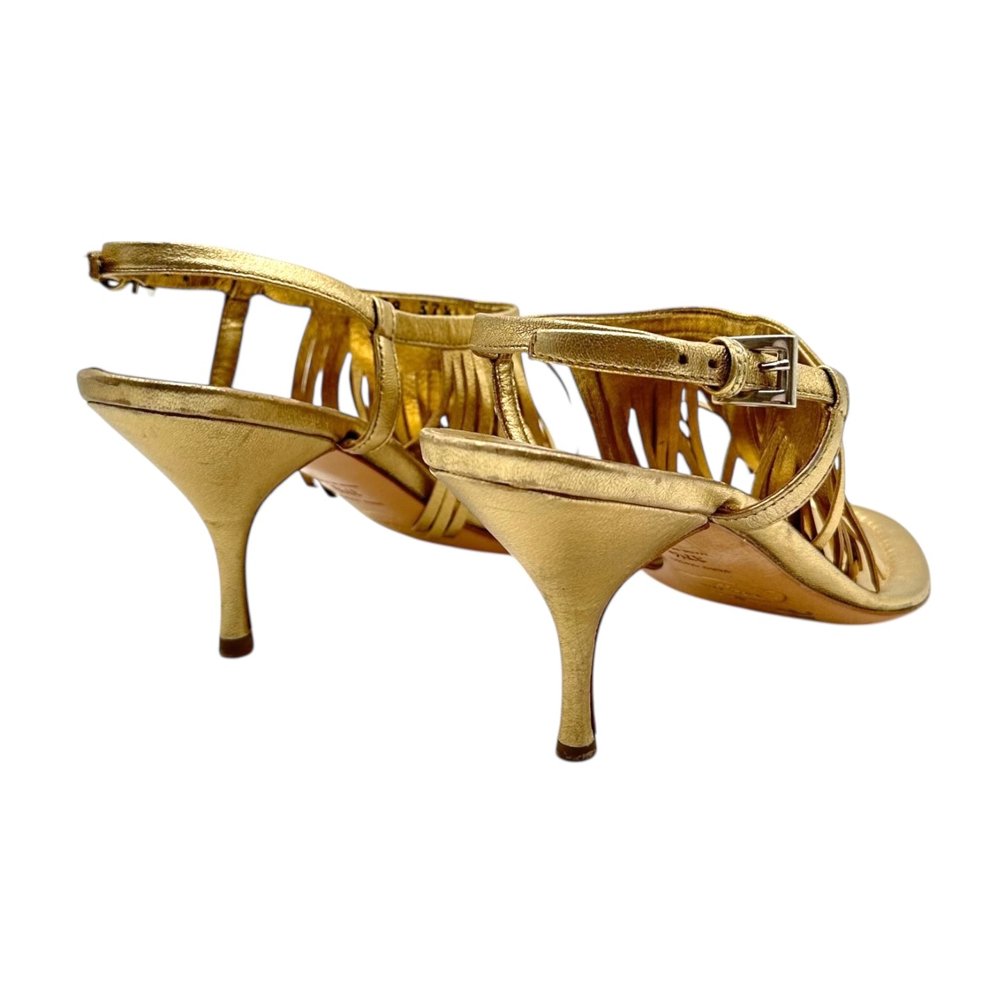 Prada Gold Fringe Kitten Heel Thong Sandals