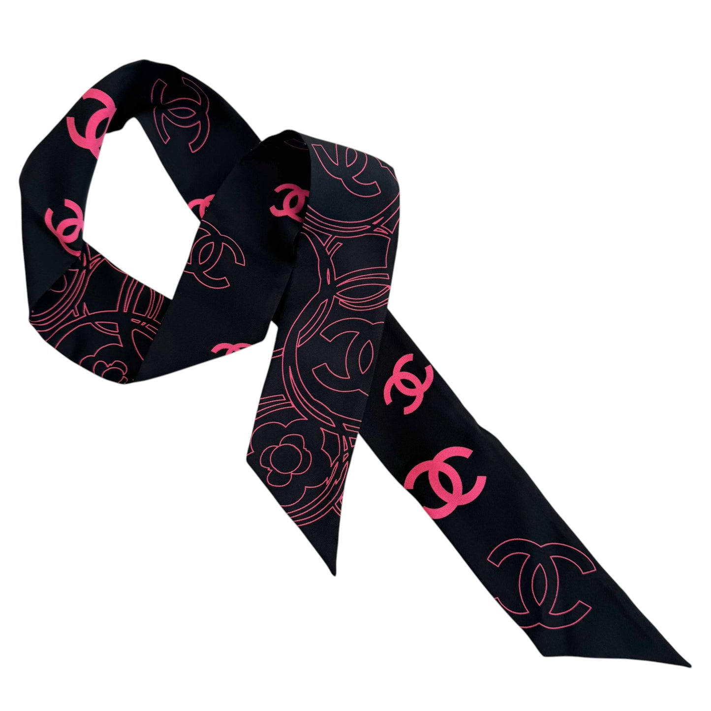 Chanel Pink & Black Logo Print Silk Twilly Scarf