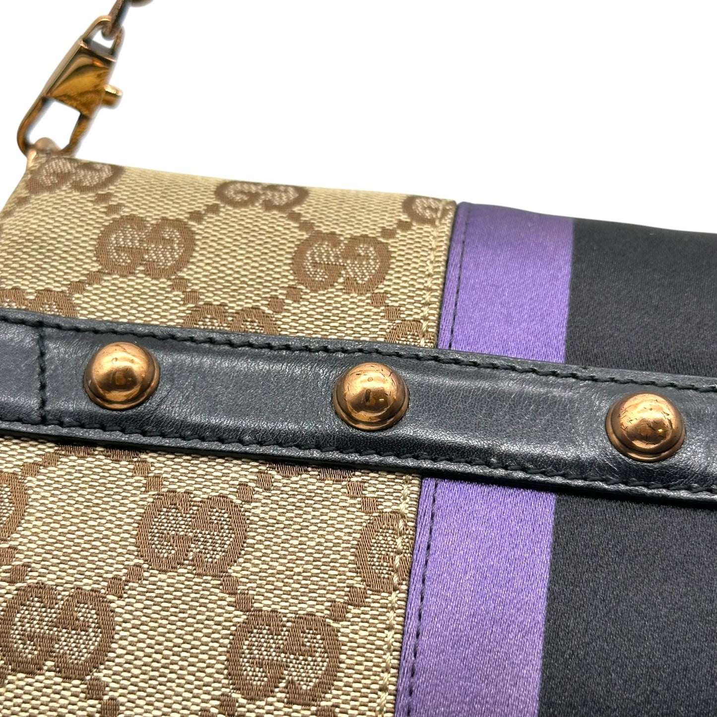 Gucci by Tom Ford 2004 Tan Monogram & Purple Silk Horsebit Bag RARE