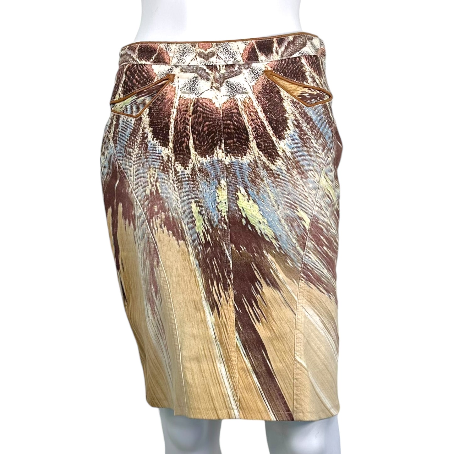 Roberto Cavalli S/S 2004 Feather Print Denim Midi Skirt