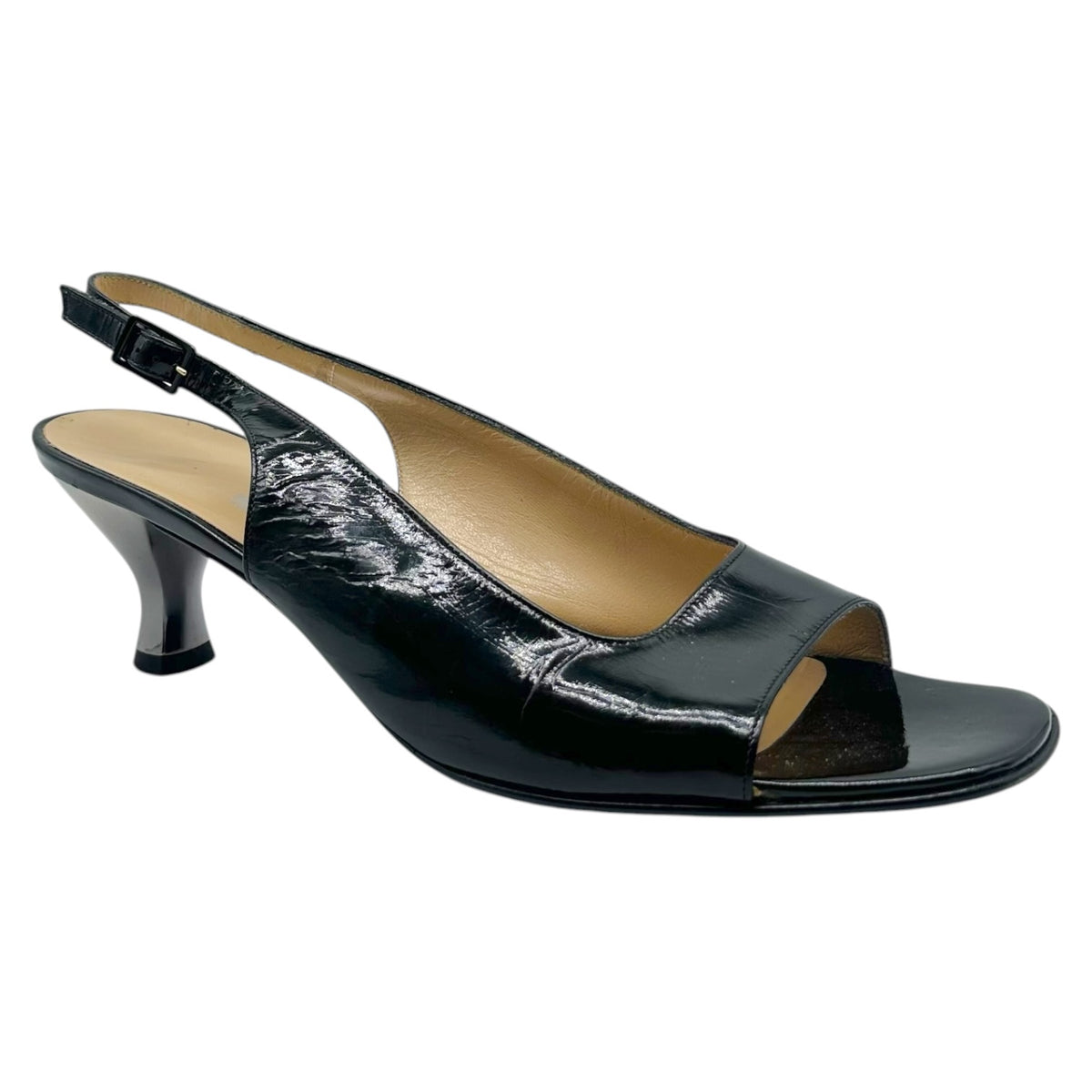 Salvatore Ferragamo Black Patent & Silver Kitten Heel Slingback Sandals