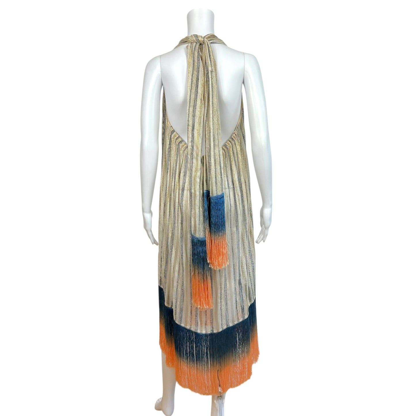 Emilio Pucci Metallic Sheer Knit Ombré Fringe Trim Halter Dress